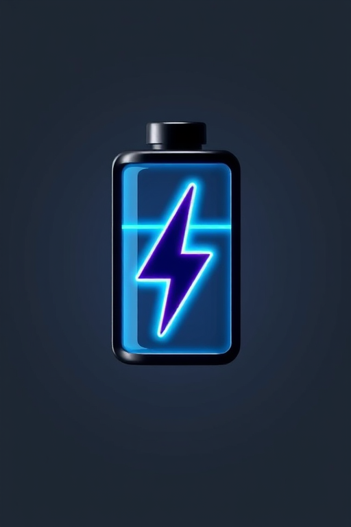 Generate a high-resolution image of a stylized battery icon with a lightning bolt, using a 50mm lens on a DSLR camera, aperture set to f/4, ISO 100, in a soft light studio setting to enhance color vibrancy and detail.