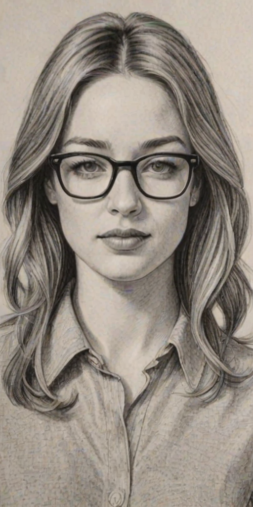 Superb Kristen Connolly, pencil sketch, portrait of Fetching woman 1965s in glasses, hair style beatnik, outline, clear lines, fine lines, 8k
