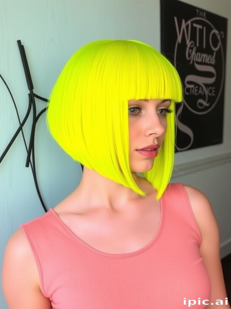 Vivid neon yellow bob called "Electric Sunshine" features a blunt cut with razor-sharp edges and subtle lime green undertones, creating a bold and energetic statement