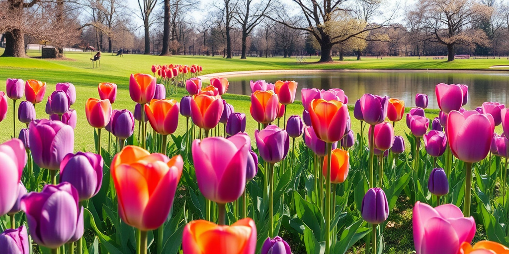 Create a vibrant watercolor landscape featuring blooming purple and orange tulips in a scenic park with distant trees and a serene pond, captured with a Canon EOS R5, 50mm lens, f/2.8 aperture, 1/250 sec shutter speed, ISO 100, including soft natural light for enhanced color saturation and detail.