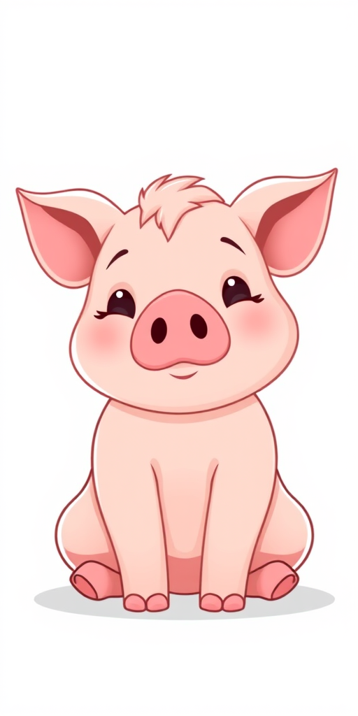 A cute cartoon pig sitting with a slight tilt, soft pink color palette, bright white background, 50mm lens, f/2.8 aperture, ISO 100, natural light, front view, digital illustration style.
