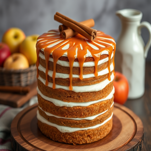 Create an image of a tall layered cake with a rustic appearance featuring alternating layers of brown cake and white frosting topped with a glossy caramel drizzle. Decorate the top with cinnamon sticks and place the cake on a wooden serving platter. In the background, include hints of apples and a decorative milk jug to enhance the cozy atmosphere.