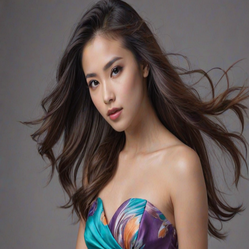 Photographic image of a beautiful young Ryukyuan woman, brown eyes, lips with cyan lipstick, long hair fluttering in the wind and wearing a silk strapless dress with a soft purple and orange print. monochrome image with only color highlights in the iris of the eyes, lipstick and dress. Gray background.