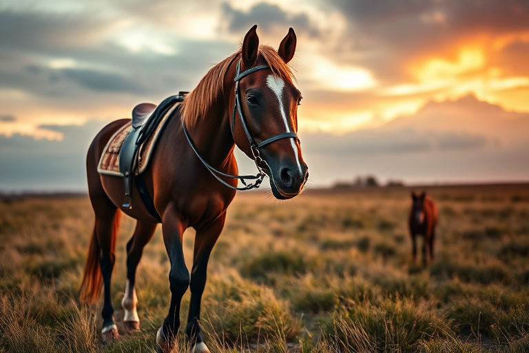 Create a high-resolution image of a majestic horse with a saddle in a grassy field under a dramatic sky, using a DSLR camera set to 50mm focal length, aperture f/2.8, ISO 100, with a shallow depth of field to enhance detail and clarity.