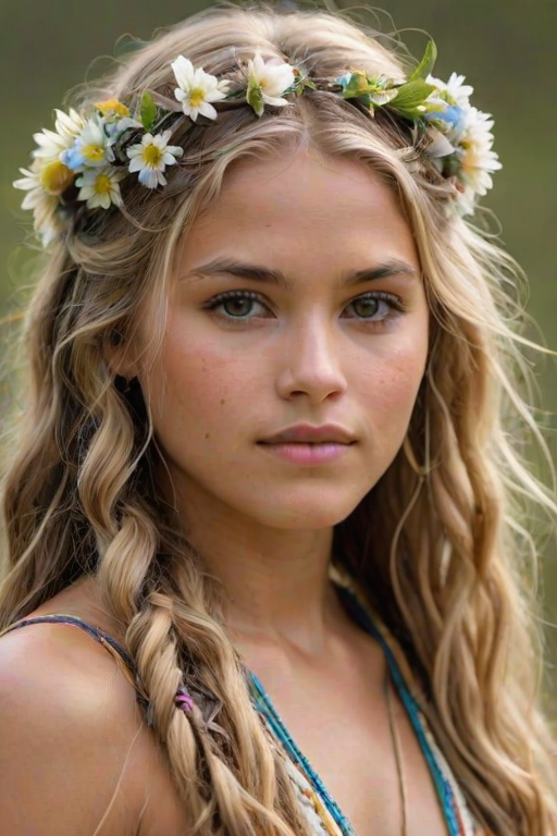 Create an image of a young Guarani woman with long, wavy blonde hair, adorned with small, colorful flowers woven into her braids and loose strands. Her complexion is fair, with soft, glowing skin, and she has light blue eyes that gaze softly at the viewer. She wears a light, flowing dress with a gentle, ethereal quality, complementing her delicate and serene appearance. The background is slightly blurred, drawing focus to her tranquil expression and the intricate details of the flowers in her hair. The overall mood of the image is one of natural beauty and grace, evoking a sense of peacefulness and connection with nature.
