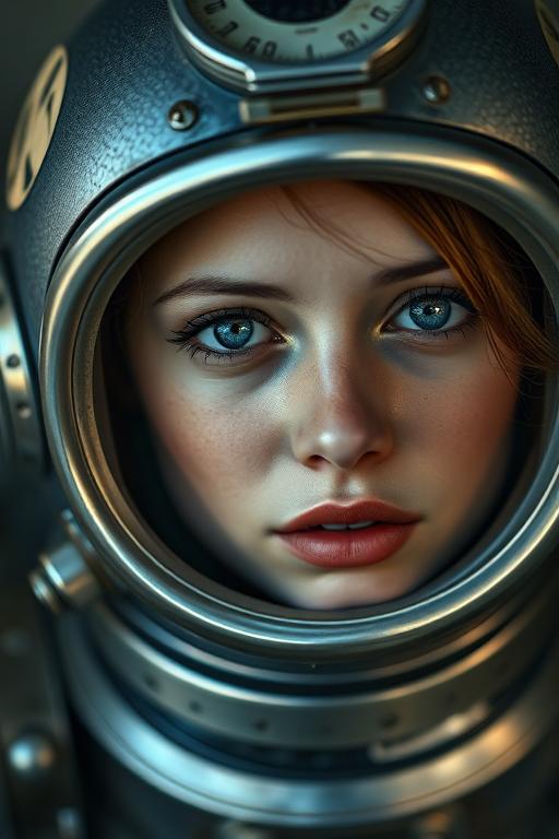 portrait of a young woman in a vintage diving helmet with metallic accents, captured in high resolution, aperture f/1.8, ISO 100, 85mm lens, natural light, shallow depth of field, cinematic style