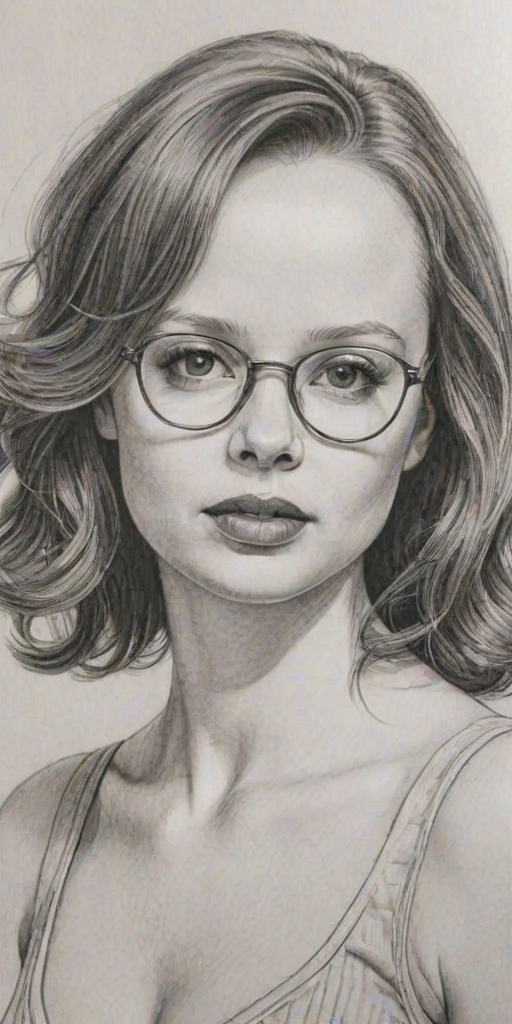 Attractive Thora Birch, pencil sketch, portrait of Enticing woman 1977s in glasses, hair style beatnik, outline, clear lines, fine lines, 8k