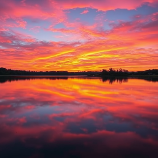 Create an image of a vibrant sunset over a tranquil lake, capturing the reflection of colorful clouds on the water, shot with a Canon EOS R5, 50mm lens, f/8 aperture, ISO 100, and a soft focus for a dreamy effect.