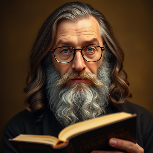 portrait of a wise man with long hair and glasses, holding a book, soft warm lighting, 85mm lens, f/1.8 aperture, ISO 100, shallow depth of field, classic oil painting style, high-resolution digital camera