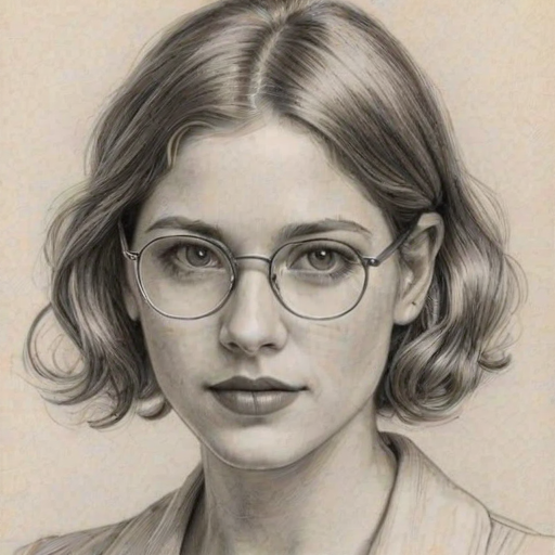 Captivating Charity Wakefield, pencil sketch, portrait of Enticing woman 1929s in glasses, hair style beatnik, outline, clear lines, fine lines, 8k