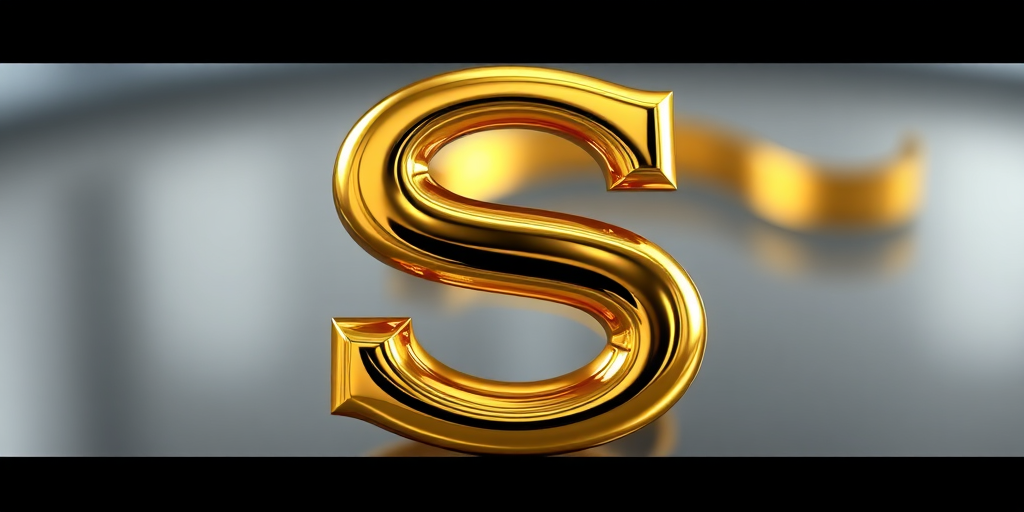 Create a highly detailed 3D rendering of a glossy gold letter S, with reflections showing a soft blurred background; camera settings: f/2.8, ISO 100, shutter speed 1/125s; camera view: centered close-up; camera style: realistic; camera type: DSLR.