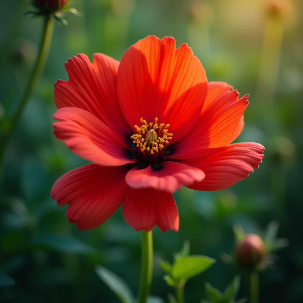 Create a vibrant digital painting of a red flower with green leaves, using a macro lens perspective, f/4 aperture, 1/125 shutter speed, with a soft focus style, using a DSLR camera to enhance image quality.