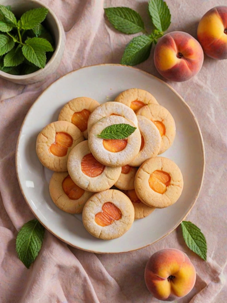 Create an image of a plate filled with peach-shaped cookies. The cookies should be soft and round, with a light pink and orange color, dusted with sugar. Each cookie should have a cream filling that shows slightly at the center. Add a few fresh mint leaves on top of the cookies for decoration, and ensure the plate has an elegant design. The background should be simple and light to keep the focus on the cookies.