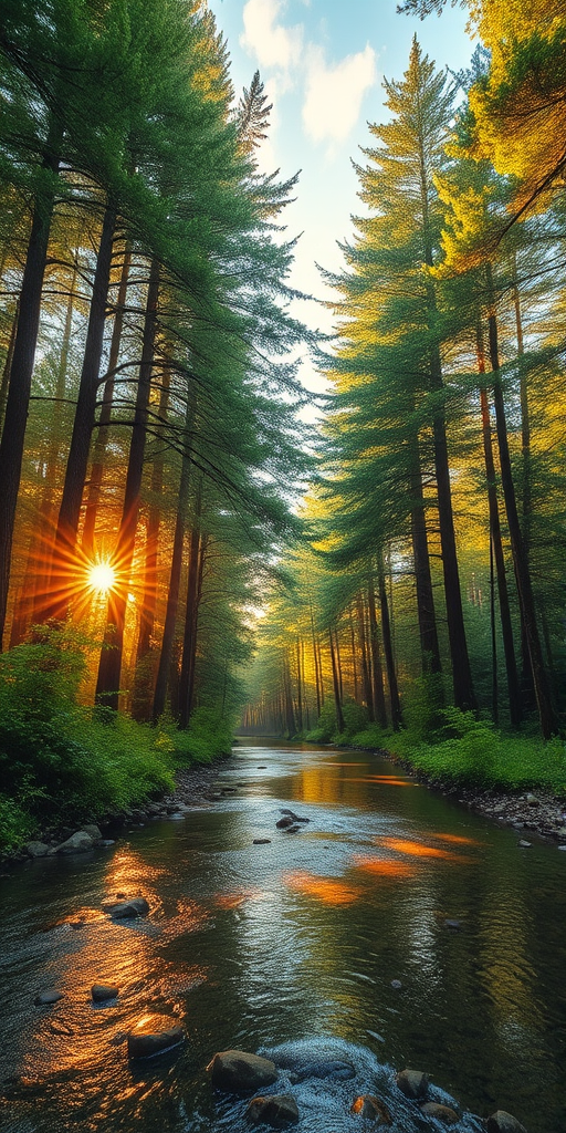 Create an image of a serene, sunlit forest scene with a clear, gently flowing river. Tall trees with lush green foliage line both sides of the river, their leaves bathed in the warm golden light of the setting or rising sun. The sunlight filters through the trees, casting soft, dappled light on the river, which flows over smooth rocks and pebbles, creating a peaceful, natural atmosphere. The sky is bright with a few scattered clouds, and the overall mood is tranquil, evoking a deep sense of connection with nature. The image captures the beauty of a calm, pristine forest landscape at either dawn or dusk.