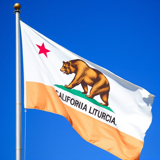 Create a high-resolution image of the California state flag featuring a standing bear, with a clear blue sky background, captured with a DSLR camera at 50mm focal length, f/8 aperture, ISO 100, with a slightly elevated angle for a dramatic effect.