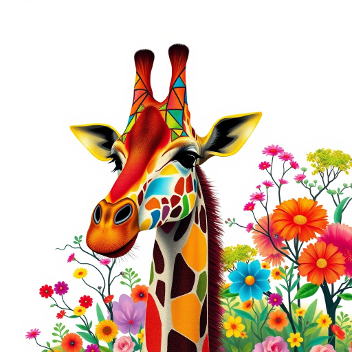 create an artistic illustration of a colorful giraffe with abstract patterns surrounded by vibrant flowers and trees, use a Canon EOS 5D Mark IV with a 50mm f/1.8 lens, set aperture to f/2.8, shutter speed at 1/125s, ISO 100, in a bright, well-lit studio setting for enhanced color saturation and clarity