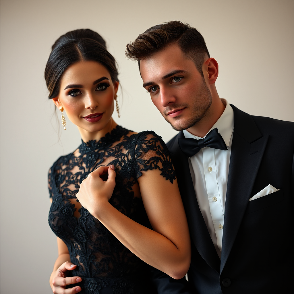 A high-resolution portrait of a couple in formal attire, the woman wearing a black lace gown and the man in a tailored suit, captured with a Canon EOS R5, 50mm f/1.2 lens, ISO 100, aperture f/2.8, and soft diffused lighting for an elegant look, focus on their facial expressions and intricate details of their outfits.