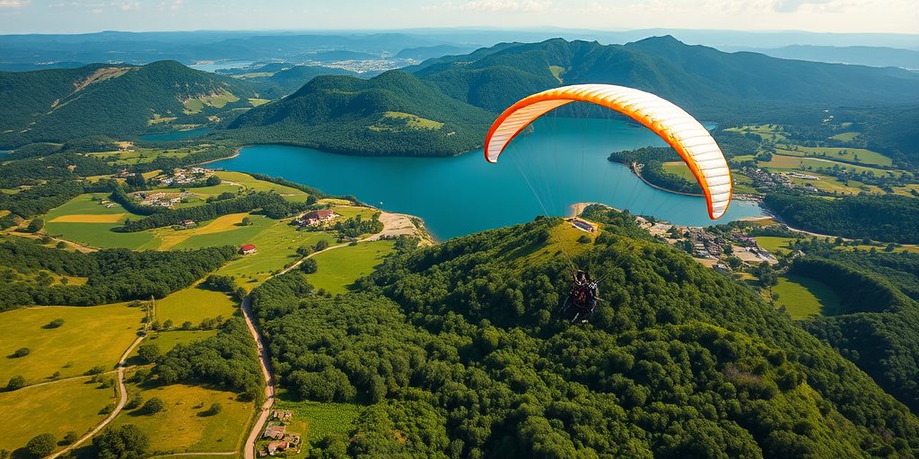 Generate a high-resolution image of a paraglider soaring over a lush green landscape with a clear blue lake and a picturesque village in the background, using a Canon EOS R5 with a 24-70mm f/2.8 lens, set to ISO 100, aperture f/8, shutter speed 1/500 sec, landscape orientation, and enhanced vibrancy for rich colors.