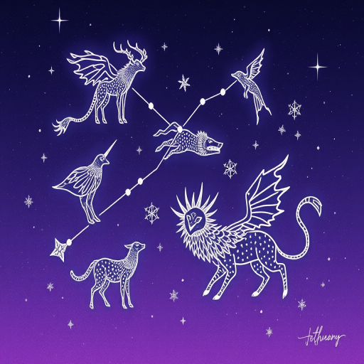 Whimsical "Constellation Creatures" tattoo design featuring mythical animals and fantastical beasts composed of delicate white dot work and thin lines, set against a night sky gradient of deep purples and blues, with sparkling metallic silver accents representing stars and cosmic dust, creating a magical and dreamy tattoo perfect for those who love astrology and folklore