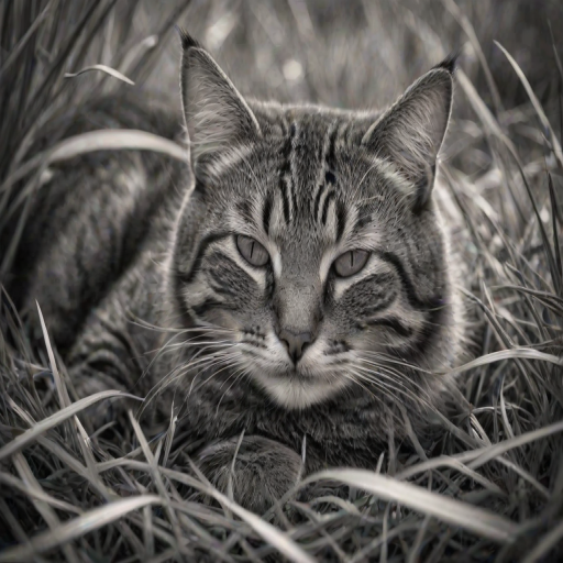 A sleeping tabby cat nestled in grass, captured in black and white with soft lighting and a blurred natural background.