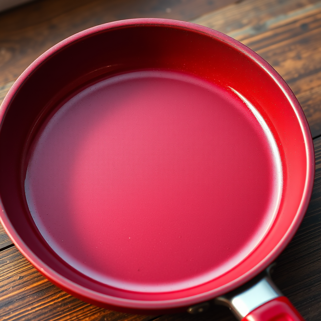 Create a high-resolution digital illustration of a red frying pan viewed at a slight angle from above, using a Canon EOS R, 50mm f/1.8 lens, aperture f/4, ISO 100, and shallow depth of field to enhance image quality and focus on the pan's surface texture.