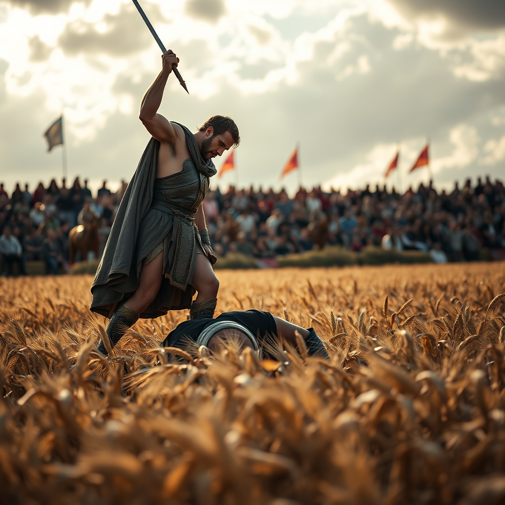 Regenerate a dramatic scene of a heroic figure standing over a defeated adversary in a golden wheat field, with a dynamic sky and spectators in the background; use a Canon EOS 5D Mark IV with a 50mm f/1.8 lens, aperture at f/4, ISO 100, and a soft focus effect for depth.