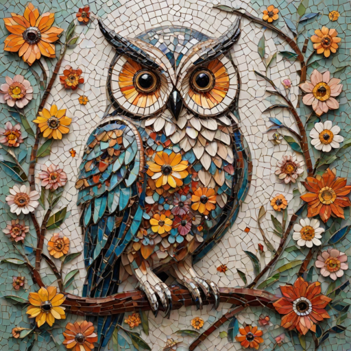 A mosaic of floral owls, one owl intricately composed of individual flower blossoms. The design showcases a delicate balance of nature and form, where the feathers of the owls are replaced by vibrant petals and blooms. The overall appearance is whimsical yet detailed, with each floral element contributing to the intricate patterns of the owl’s body. The artwork embraces a raw, organic style, with natural hues and soft textures, creating a harmonious blend of flora and fauna. The mosaic arrangement adds depth and visual intrigue to the piece, evoking a sense of wonder and artistic beauty.