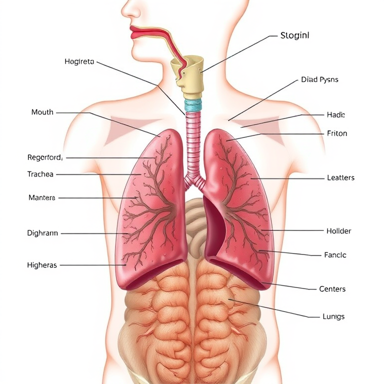 Create a detailed illustration of the human respiratory system including labeled parts like the nose, mouth, trachea, lungs, and diaphragm, captured with a Canon EOS R5, aperture f/8, shutter speed 1/125s, ISO 100, in a high-resolution digital art style with a focus on clarity and color accuracy.