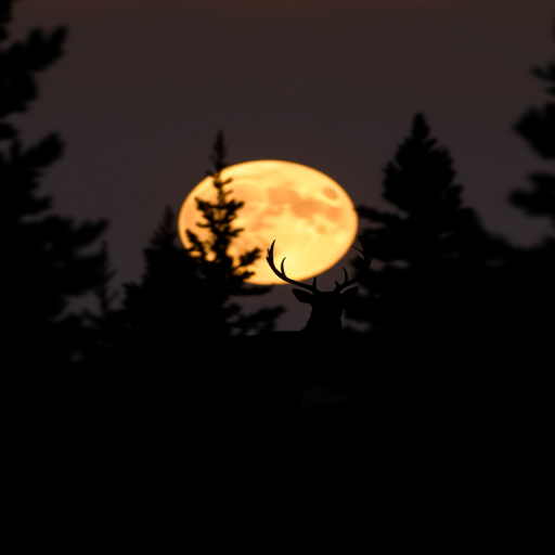 generate a silhouette of a deer standing among pine trees with a large full moon in the background, use a shallow depth of field, golden hour lighting, shot with a DSLR camera at f/1.8, ISO 200, 50mm lens
