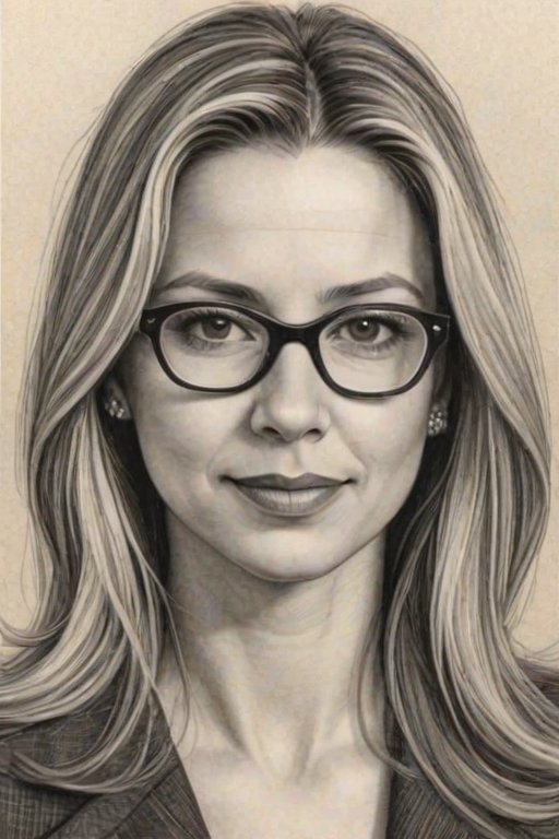 Graceful Mira Sorvino, pencil sketch, portrait of Enchanting woman 1936s in glasses, hair style beatnik, outline, clear lines, fine lines, 8k