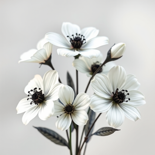 create an intricate vector illustration of a floral arrangement featuring five stylized white flowers with dark stems and leaves, shot in high resolution with a 50mm lens at f/2.8, using a soft focus for a dreamy effect, captured from a slightly elevated angle with a DSLR camera.