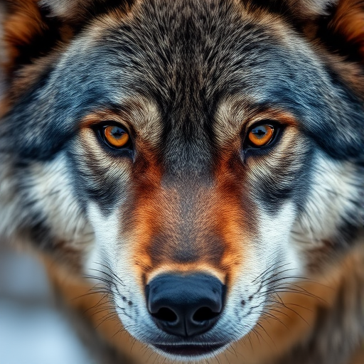 Create a detailed close-up image of a fierce wolf's face with striking blue and black markings around its eyes, using a DSLR camera, aperture f/2.8, ISO 100, 50mm lens, with soft focus background and natural lighting to enhance the intensity and depth of the gaze.