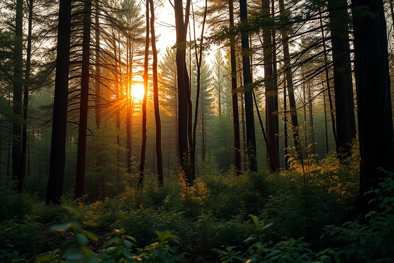 Generate a high-resolution image of a serene forest landscape during golden hour, focus on soft lighting with rich colors, f/2.8 aperture, ISO 100, 24mm lens, shot from a low angle to capture the details of the foliage, using a DSLR camera.