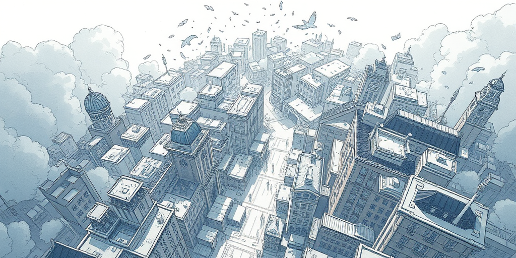 from above, negative space, intricately detailed illustration, depth of field, atmospheric perspective