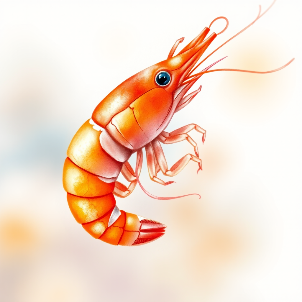 Create a detailed watercolor illustration of a shrimp, capturing its vibrant orange and pink hues, with a blurred background for emphasis, using a DSLR camera set to f/2.8, ISO 100, and a shallow depth of field to enhance image quality.