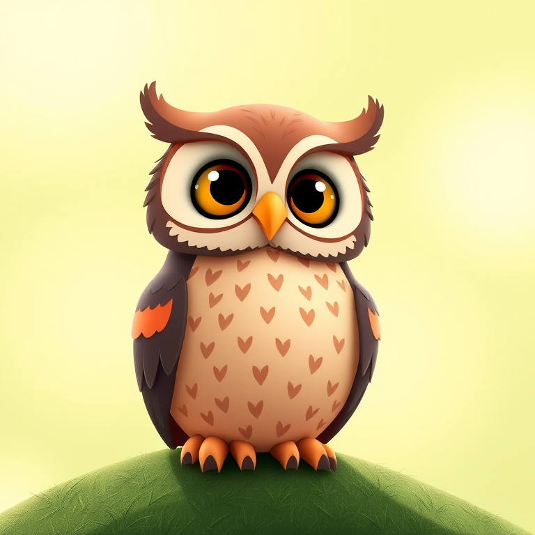 Create a colorful cartoon owl sitting on a hill with a light green background, shot with a DSLR camera at f/4, ISO 100, shutter speed 1/200, with a focus on the owl in a soft blur background, using a wide-angle lens to enhance perspective.