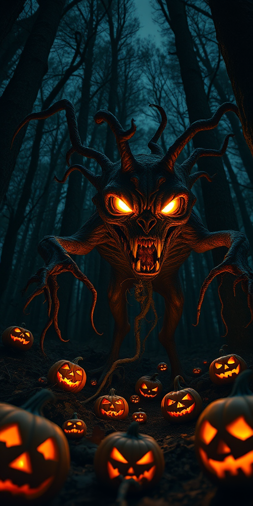A terrifying creature emerging from a dark forest with glowing eyes and twisted roots, surrounded by ominous jack-o'-lanterns, shot with a DSLR camera at f/2.8, ISO 100, 50mm lens, low angle view, dramatic lighting, high contrast.