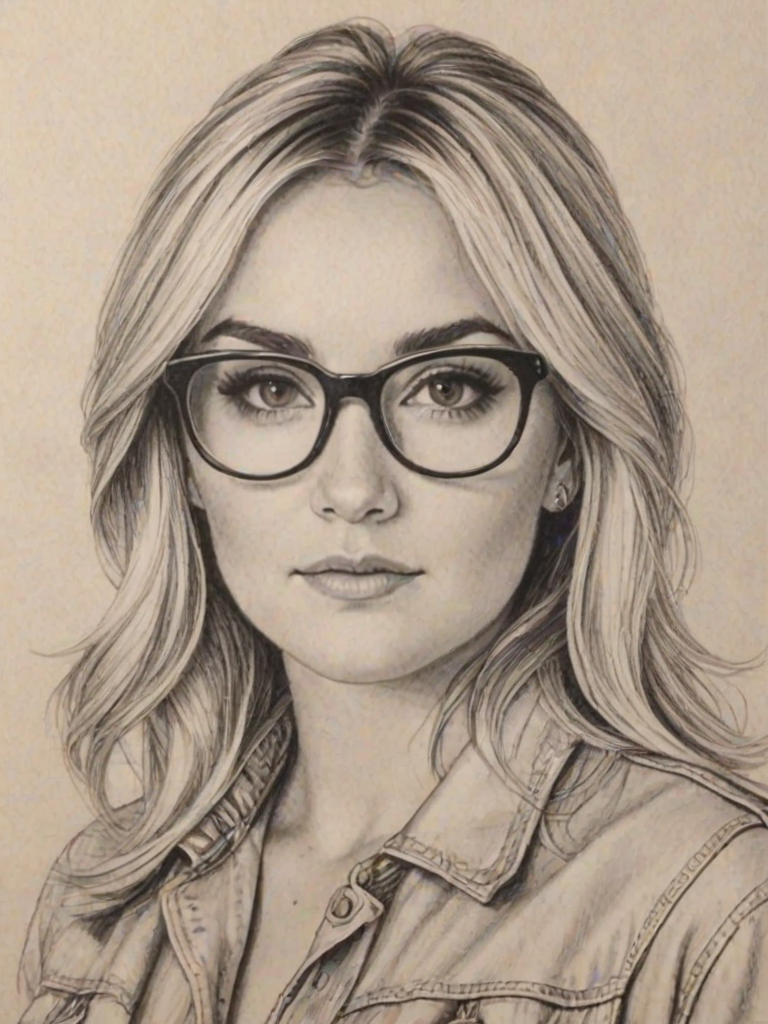 Superb Jamie Lynn Spears, pencil sketch, portrait of Attractive woman 1964s in glasses, hair style beatnik, outline, clear lines, fine lines, 8k