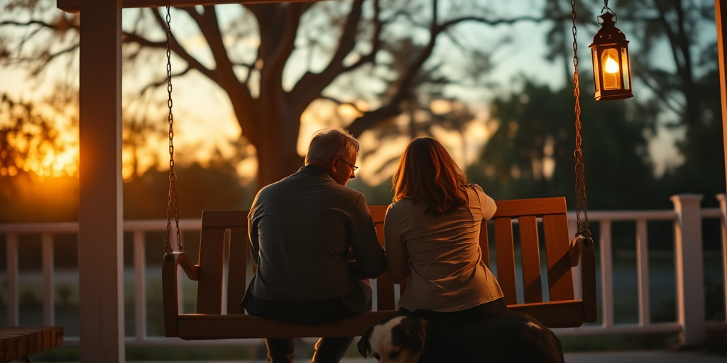 Warmly lit photo of a couple sitting on a porch swing at dusk, soft golden light from hanging lanterns casting warm shadows, with a dog curled up at their feet.