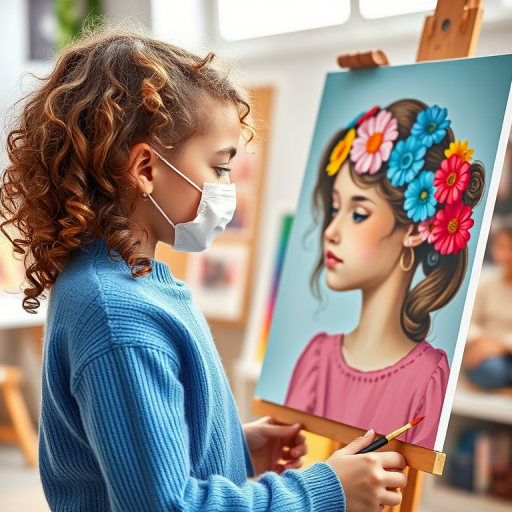 Create an image of a young girl with curly hair and a blue sweater painting a vibrant portrait of another girl with flowers in her hair, captured in a bright art studio with natural light, using a DSLR camera at f/2.8, ISO 200, and a focal length of 50mm, with a shallow depth of field to enhance the focus on the subject.