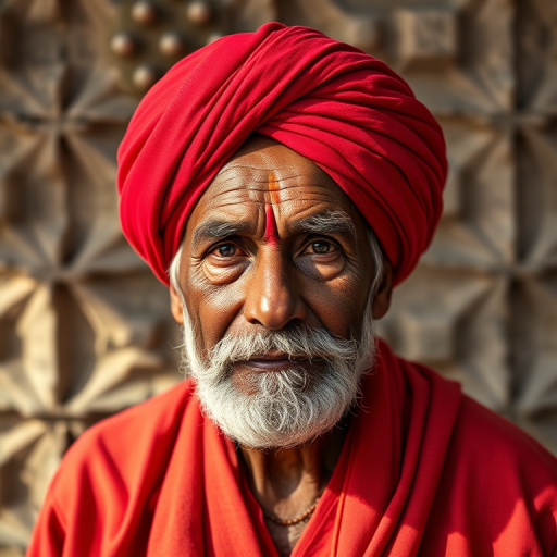 Portrait of an elderly man wearing a red turban against a textured geometric background, captured in natural light using a Nikon D850 with a 85mm f/1.4 lens, ISO 100, aperture f/2.8, and a slight vignette effect for depth.