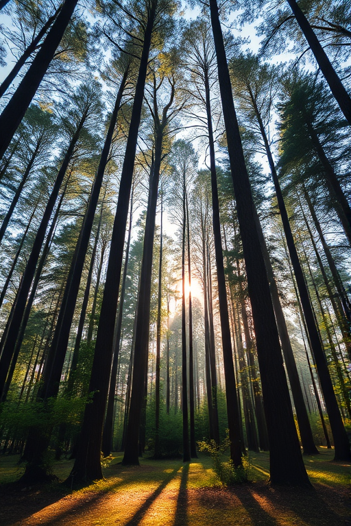 Generate an image of a serene forest scene with tall trees and soft sunlight filtering through the leaves, captured with a Canon EOS R6, 50mm lens, aperture f/1.8, ISO 200, HDR style, and a wide-angle view to enhance depth and detail.