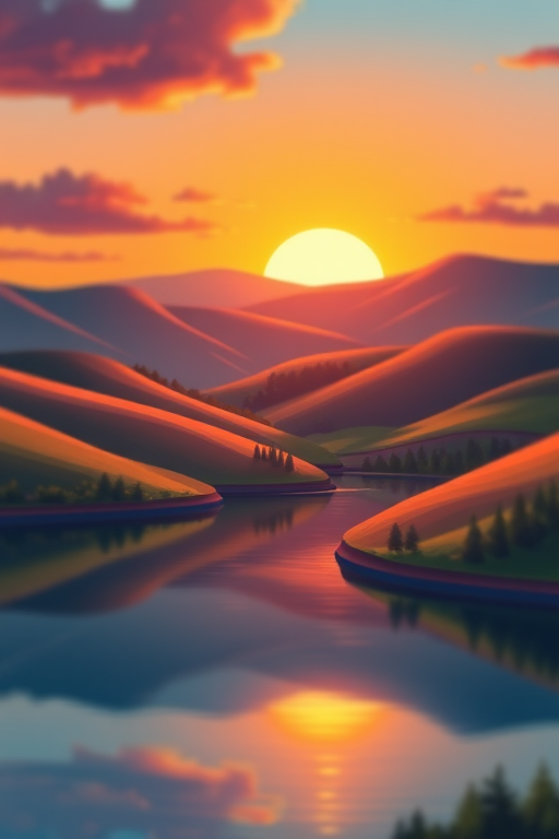 Create a detailed illustration of a serene landscape featuring rolling hills and a tranquil lake at sunrise, with vibrant colors and reflections on the water, shot with a Canon EOS 5D Mark IV, 50mm lens, f/11 aperture, ISO 100, with a slight tilt-shift effect for depth of field.