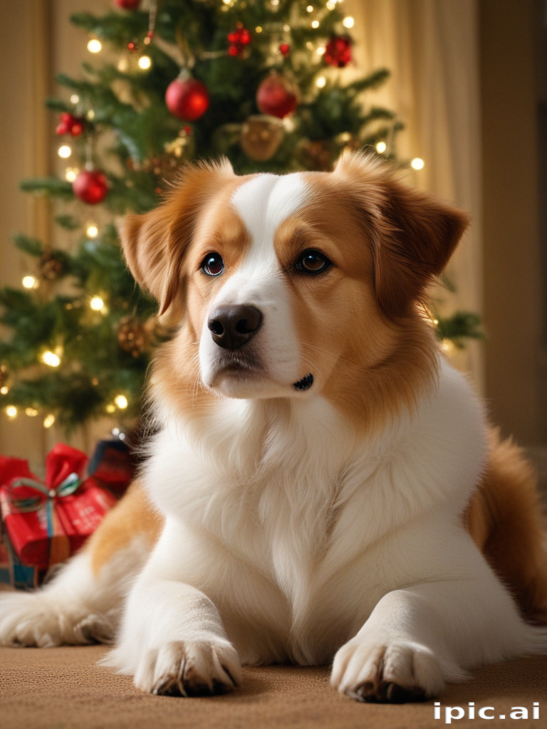 A Cozy Holiday Scene Featuring a Dog Relaxing by the Christmas Tree