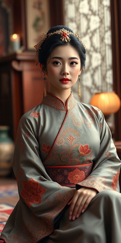 A beautiful woman in traditional East Asian attire, intricately detailed with embroidered patterns, sitting gracefully in a richly decorated room, soft ambient lighting, serene and elegant, ultra-realistic, 8K resolution