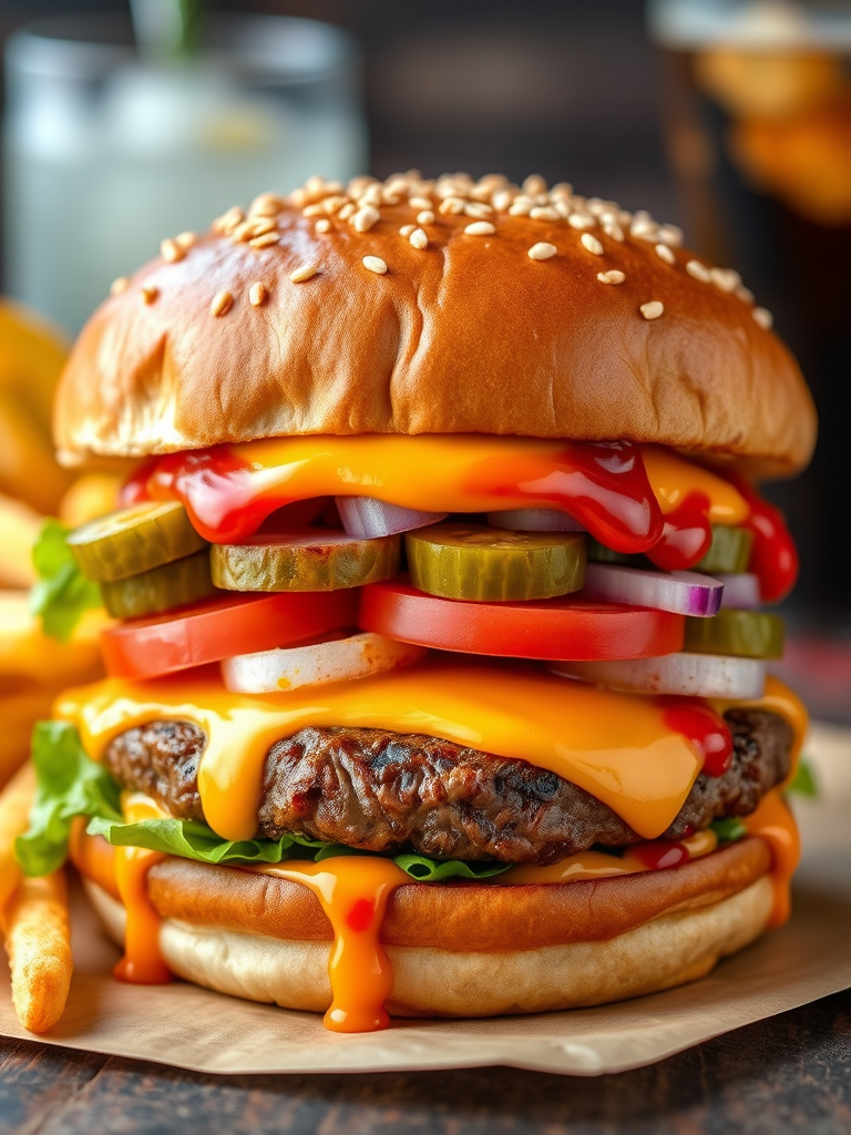 High-resolution, close-up image of a gourmet double cheeseburger. The burger features a glossy, sesame-seed-topped brioche bun. Inside, there are two thick, juicy beef patties, each topped with melted cheddar cheese. The burger is garnished with fresh lettuce, tomato slices, diced onions, and pickles. A generous amount of ketchup and a creamy, orange-colored sauce is dripping down the sides, adding to the mouth-watering appeal. In the background, there are blurred elements including a side of golden French fries and a hint of a beverage, enhancing the overall presentation of a delicious meal.