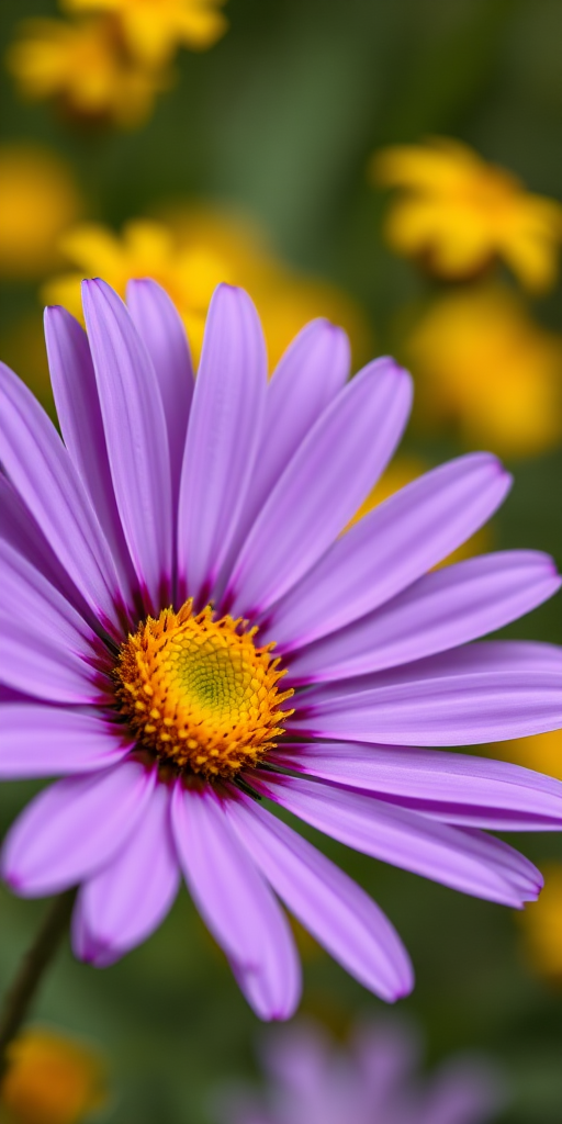macro shot of a purple daisy with a vibrant yellow center and blurred yellow flowers in the background, 50mm lens, f/1.8 aperture, ISO 100, shot at 1/200s, natural light, DSLR camera
