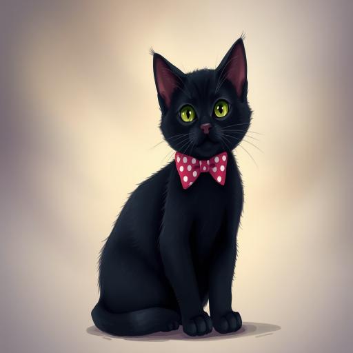 Create a high-resolution illustration of a sitting black cat with a polka dot bow, shot with a 50mm lens at f/1.8, soft focus background, using a DSLR camera for enhanced detail and clarity.