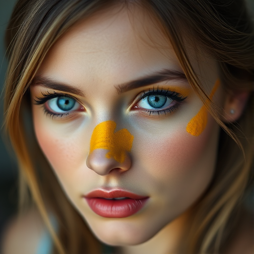 portrait of a woman with striking blue eyes and a bold yellow paint streak on her face, captured with a Canon EOS R5, 85mm f/1.2 lens, aperture at f/2.8, ISO 100, natural light, high dynamic range, shallow depth of field, focus on eyes, soft background blur