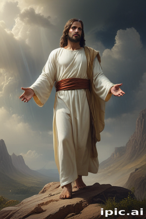 Figure in White Robes with Outstretched Arms Amidst Majestic Mountains